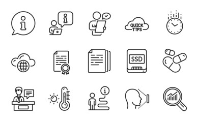 Fototapeta premium Science icons set. Included icon as Weather thermometer, Ssd, Capsule pill signs. Copy documents, Certificate diploma, Face id symbols. Customer survey, Quick tips, Data analysis. Time. Vector