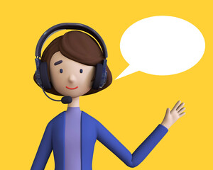 Call center staff talking and provide services to customers via headphones and microphone cable and Bubble. Call center, customer support, telemarketing agents. Trendy 3d illustration.