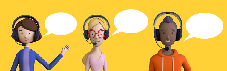 Call center agents with speech bubbles portraits collection set. Customer support, telemarketing agents. 3D render style icons set.