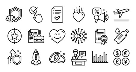 Smile, Departure plane and Star target line icons set. Secure shield and Money currency exchange. Heart, Water bottle and Vacancy icons. Vector