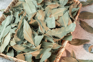 Food background. Bay leaf, natural antiseptic, antioxidant, acne remedy, macronutrients for skin and hair. Herbal medicine. Mediterranean spice