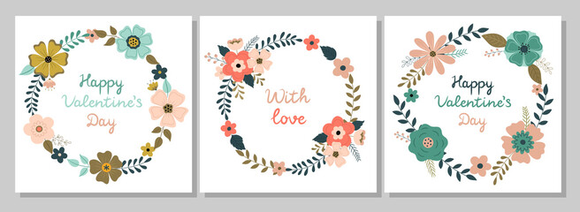 Fototapeta na wymiar A set of postcards with flower wreaths. Happy Valentine's Day. Vector illustration. Bright spring flowers, plants, branches, leaves. Suitable for greeting cards, postcards, posters, invitations