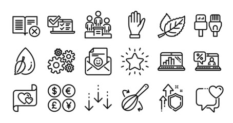 Water drop, Hand and Graph laptop line icons set. Secure shield and Money currency exchange. Business podium, Online survey and Love letter icons. Smile, Computer cables and Leaf signs. Vector