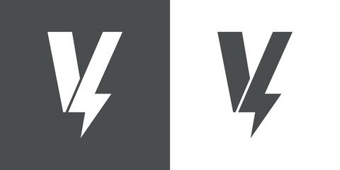 Símbolo energía eléctrica. Logotipo con letra inicial V con forma de relampago en fondo gris y fondo blanco