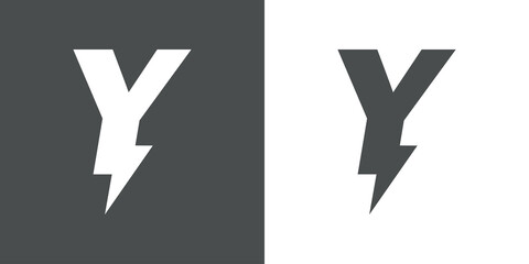 Símbolo energía eléctrica. Logotipo con letra inicial Y con forma de relampago en fondo gris y fondo blanco