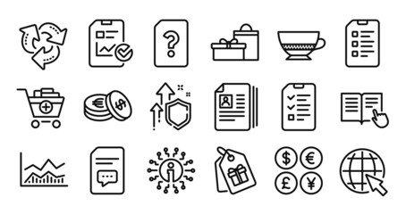 Checklist, Report checklist and Savings line icons set. Secure shield and Money currency exchange. Comments, Trade infochart and Recycle icons. Internet, Cv documents and Unknown file signs. Vector