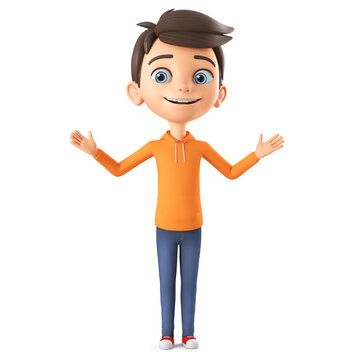 Cartoon character boy in an orange sweatshirt spread his arms to the sides. 3d render illustration.