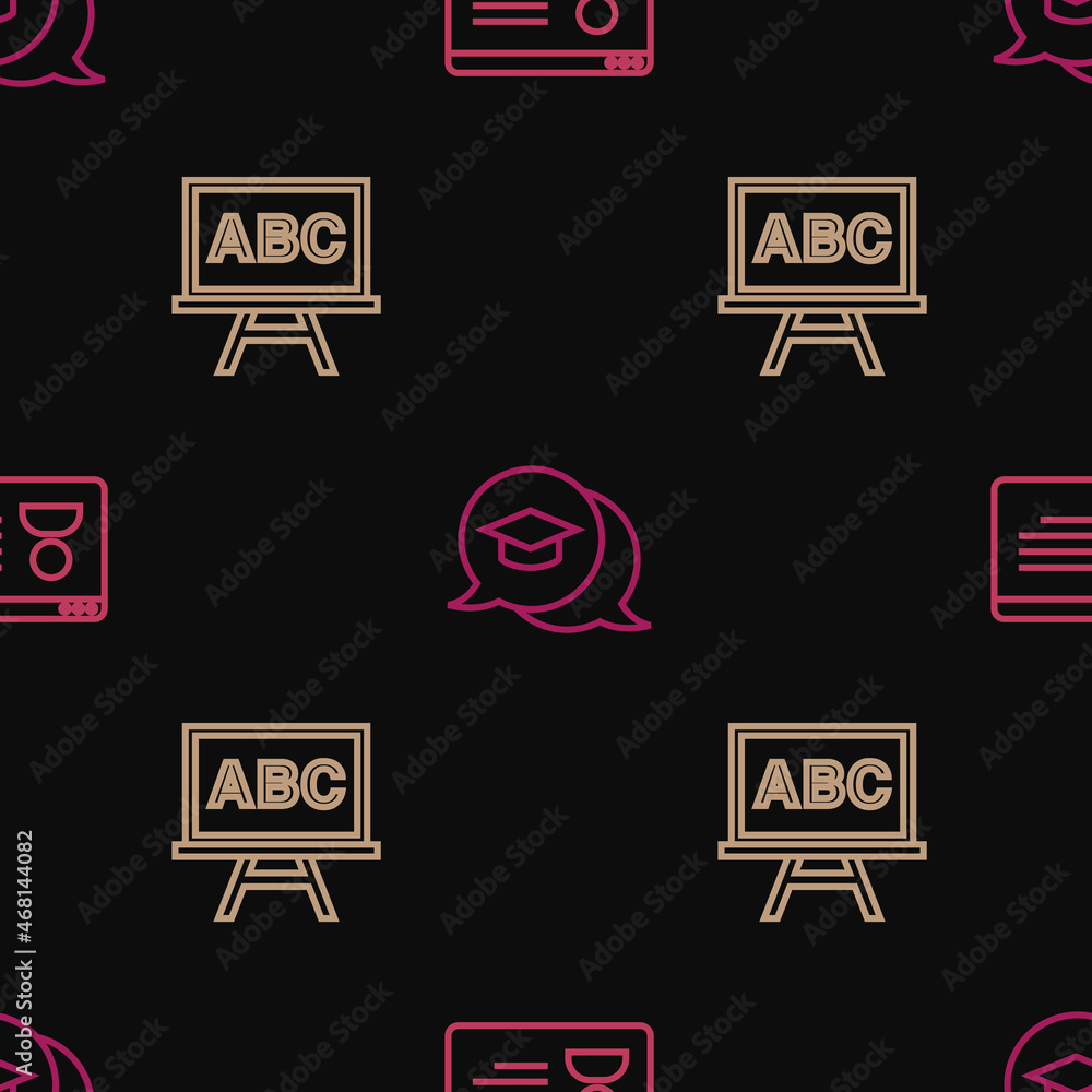 Poster set line online class, chalkboard and graduation cap speech bubble on seamless pattern. vector