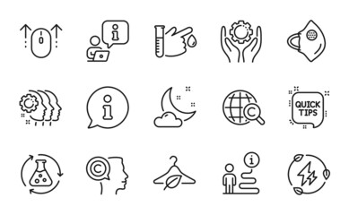 Science icons set. Included icon as Medical mask, Employees teamwork, Slow fashion signs. International Ð¡opyright, Writer, Green electricity symbols. Quick tips, Chemistry experiment. Vector