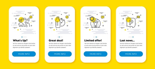 Vector set of House security, Coronavirus protection and Fitness water line icons set. UI phone app screens with line icons. Parking icon. Smart home, People isolation, Drink bottle. Auto park. Vector