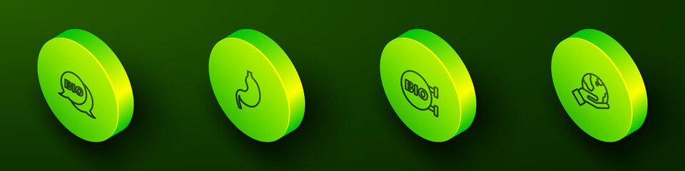 Obraz premium Set Isometric line Bio healthy food, Human stomach, and Hand holding Earth globe icon. Vector