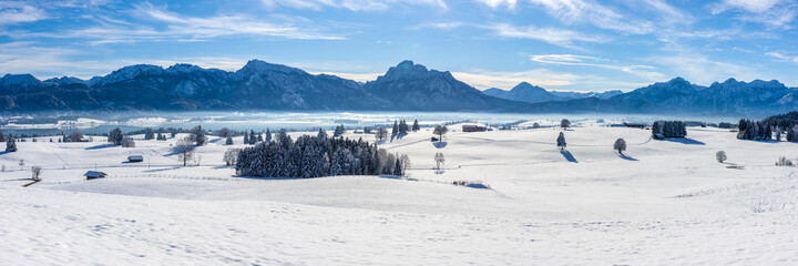 Fototapeta na wymiar panoramic landscape with fresh powder snow at mountain range
