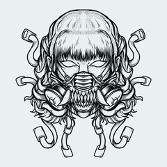 Fototapeta premium tattoo and t shirt design black and white hand drawn women gas mask