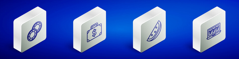 Set Isometric line Casino chips, Briefcase and money, slot machine with watermelon and Online jackpot icon. Vector