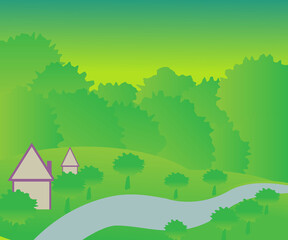 Obraz premium Nature and landscapes. Vector illustration of trees, forest, mountains, flowers, plants, houses, fields, farms and villages. Image for background, card or cover