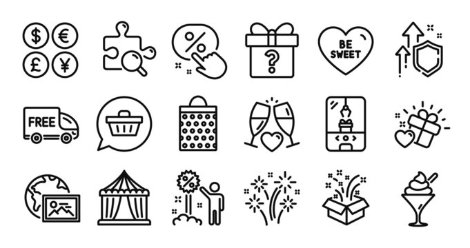 Secret gift, Ice cream and Shopping bag line icons set. Secure shield and Money currency exchange. Shopping cart, Discount button and Be sweet icons. Vector