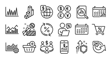 24 hours, Calendar and Line graph line icons set. Secure shield and Money currency exchange. Meeting, Operational excellence and Sale icons. Vector