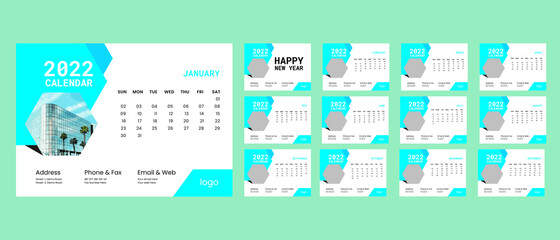 Desk Calendar template for the year 2022  A set of pages for 12 months and cover page of 2022  Vector illustration