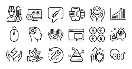 Fair trade, Graph chart and Swipe up line icons set. Secure shield and Money currency exchange. Organic product, Seo message and Safe energy icons. Vector
