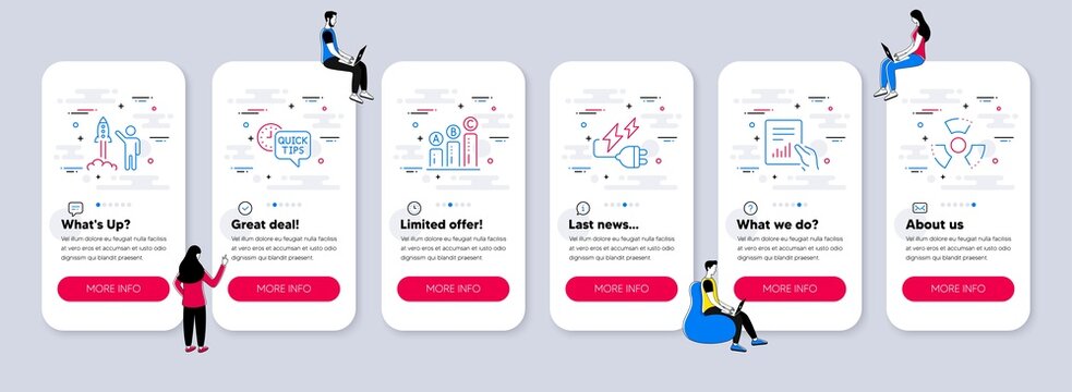Vector Set of Education icons related to Graph chart, Launch project and Document icons. UI phone app screens with teamwork. Quick tips, Electricity plug and Chemical hazard line symbols. Vector
