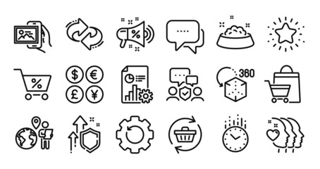 Special offer, Sale megaphone and Report line icons set. Secure shield and Money currency exchange. Augmented reality, Refresh cart and Outsource work icons. Vector