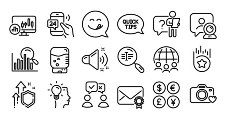Global business, Water cooler and 24h service line icons set. Secure shield and Money currency exchange. Quickstart guide, Verified mail and Idea icons. Vector
