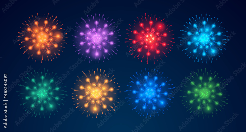 Poster holiday celebration and greetings, fireworks bursting and exploding set. festivity and glowing pyrot