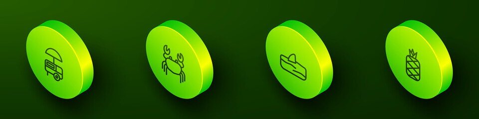 Set Isometric line Fast street food cart, Crab, Shark fin in ocean wave and Pineapple icon. Vector