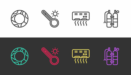 Set line Rubber swimming ring, Meteorology thermometer, Air conditioner and Aqualung on black and white. Vector
