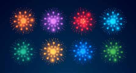 Fototapeta na wymiar Holiday celebration and greetings, fireworks bursting and exploding set. Festivity and glowing pyrotechnics, shimmer and glowing, sparkling and shining effects in evening. Vector illustration