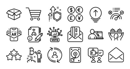Swipe up, Bitcoin project and Market sale line icons set. Secure shield and Money currency exchange. Open box, Puzzle and Augmented reality icons. Vector