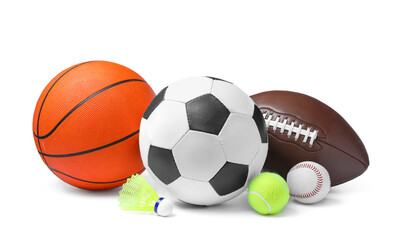 Set of different sport balls and shuttlecock on white background