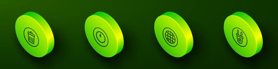 Set Isometric line Trash can, Clock, Social network and Electric plug icon. Vector