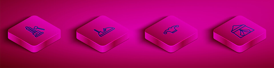 Set Isometric line Striker attraction with hammer, Bumper car, Jester hat bells and Circus tent icon. Vector