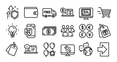 Sale tags, Banking and Online documentation line icons set. Secure shield and Money currency exchange. Photo thumbnail, Group and Flight mode icons. Login, Energy and Coupons signs. Vector