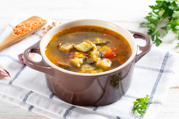 Soup with lentils and vegetables on a light table.