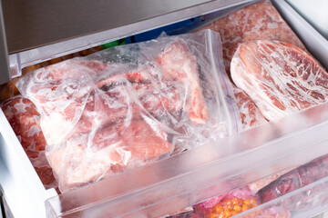 Frozen meat in plastic package in the freezer.