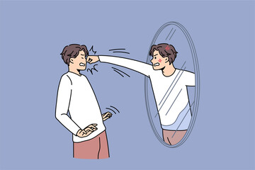 Angry man fight with mirror reflection. Furious mad guy have inner conflict and mental health problems. Suffering from abuse and self-violence. Anger control. Flat vector illustration. - obrazy, fototapety, plakaty