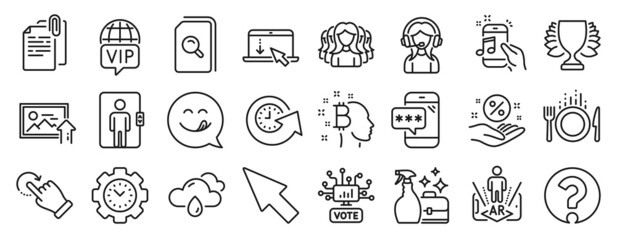 Set of Business icons, such as Music phone, Food, Online voting icons. Search files, Support, Augmented reality signs. Mouse cursor, Update time, Loan percent. Yummy smile, Phone password. Vector