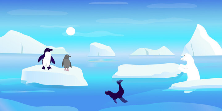 Arctic ice landscape with penguins, fur seal and polar bear. Vector illustration.