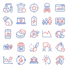 Education icons set. Included icon as Analytics graph, Flash memory, Smartphone statistics signs. Internet documents, Website statistics, Time management symbols. Windmill turbine. Vector