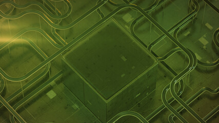 Green cube and specular tubes 3D render