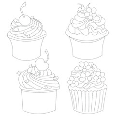 set of sketch drawings for sponge cakes, muffins and cream cakes for birthdays, Valentine's Day and other holidays.