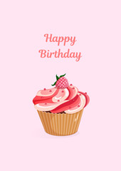 Happy birthday and holiday card on pink background. A4 format greeting card template. illustration text can be added, modified. Cupcake for greeting card, menu, banner, sticker. Food design