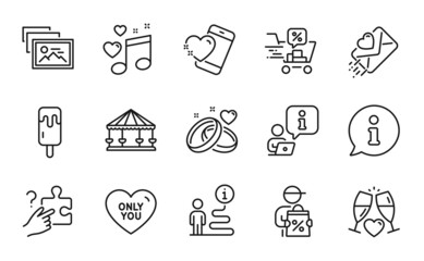 Holidays icons set. Included icon as Marriage rings, Discounts cart, Heart signs. Delivery discount, Love music, Love letter symbols. Photo album, Only you, Search puzzle. Ice cream. Vector