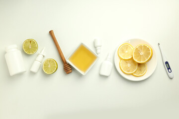 Flu treatment accessories on white background, top view