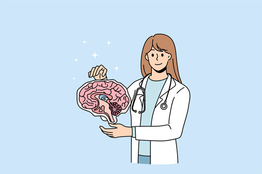 Smiling neurology surgeon hold human brain model examine body organ. Happy neuroscientist do research clinical investigation. Diagnostics and treatment concept. Flat vector illustration. 