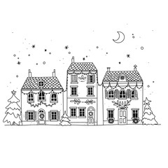 Fototapeta premium Cute Christmas houses, black and white illustration for New Year. Christmas coloring, Christmas card. Festive decor.