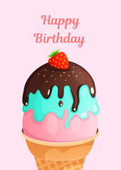 Greeting card birthday and another holiday on a pink background. A4 format greeting card template. illustration text can be added, changed. Ice cream for a greeting card, menu, advertisement.