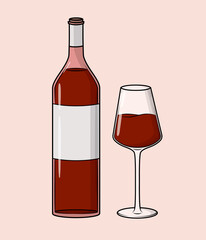 Wine bottle and glass of red wine in modern flatstyle